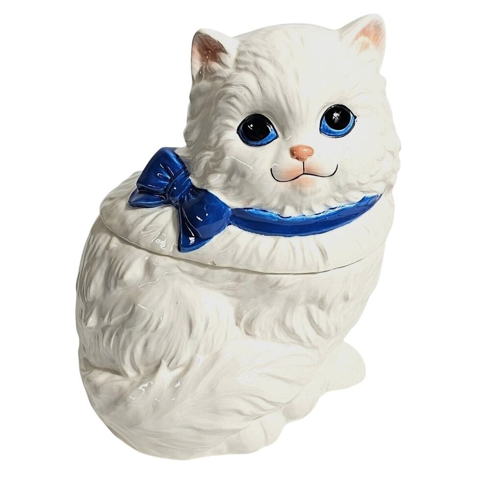 Vintage 80s Ceramic White Persian Cat Cookie Jar Blue Ribbon Bow Made in Japan